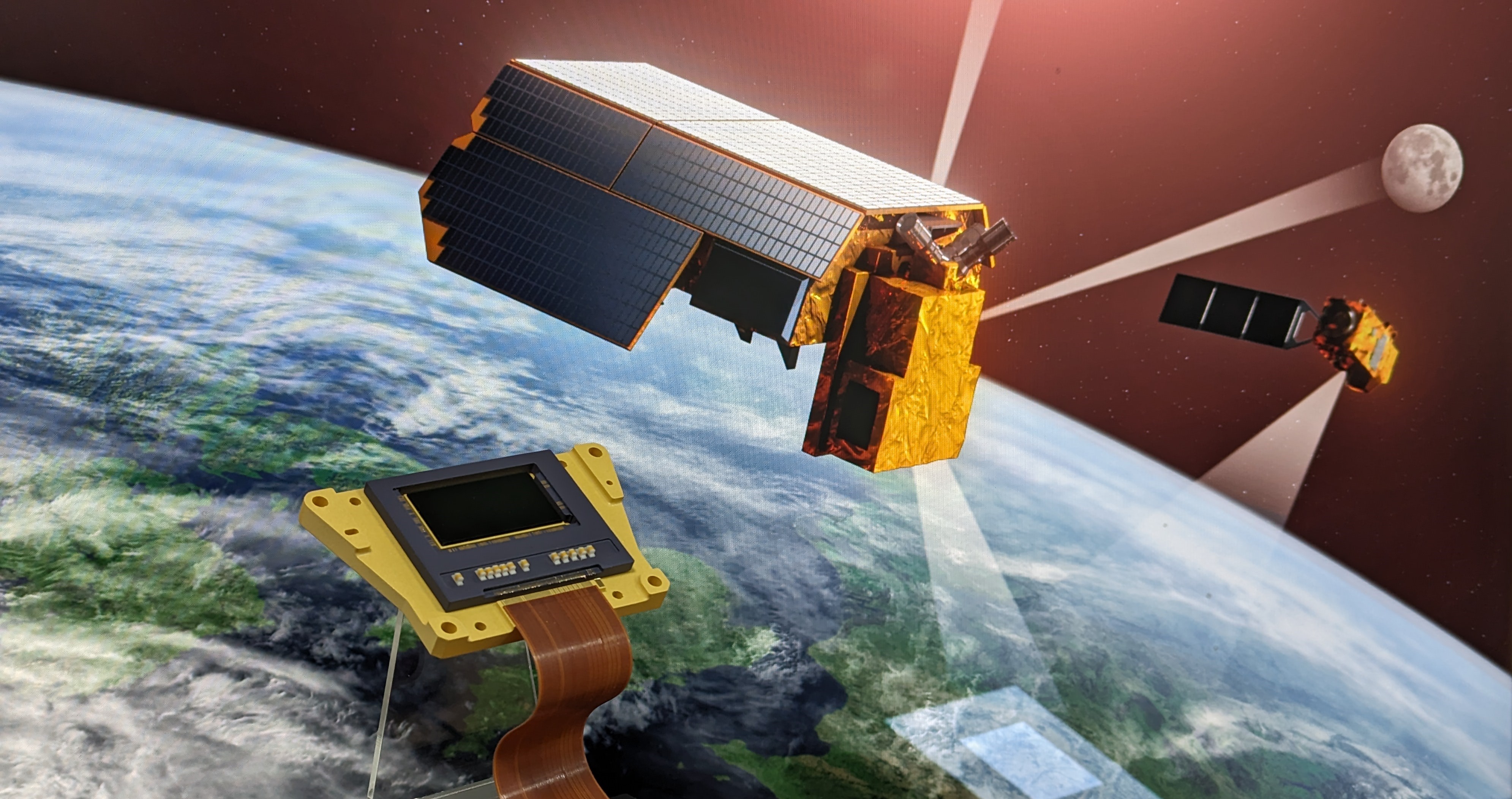 Satellite scanning earth, moon and sun